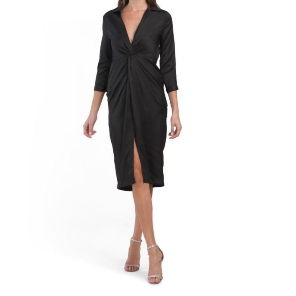 TAYLOR Black Twist Front Three-quarter Sleeve Satin Dress